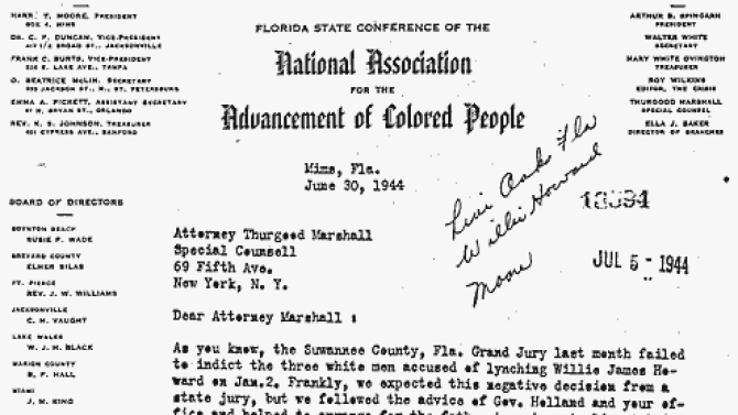 Letter from NAACP field secretary, Harry Moore to NAACP general counsel, Thurgood Marshall